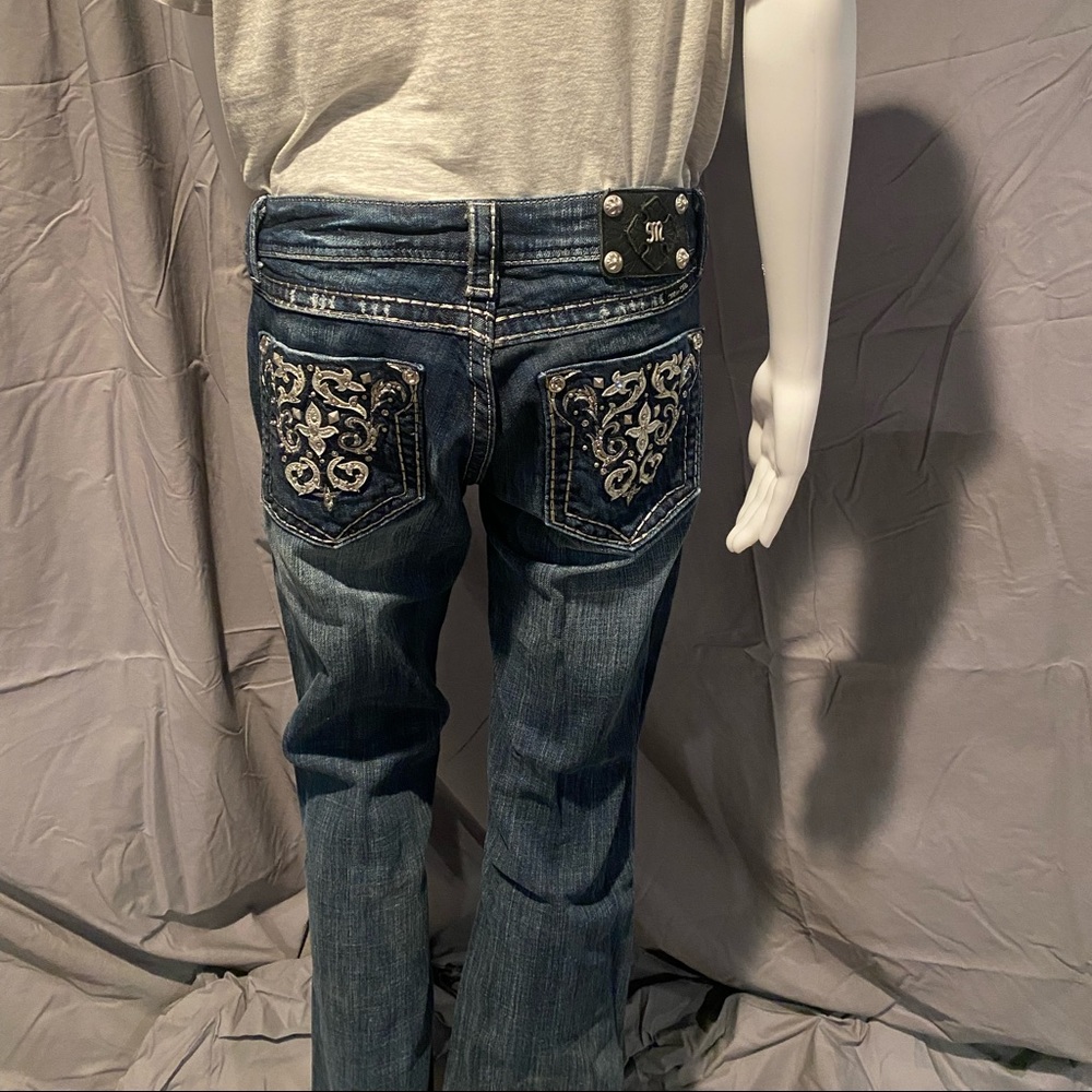 Miss Me Denim Bootcut Jeans with leather and silver rhinestone embellishment 28